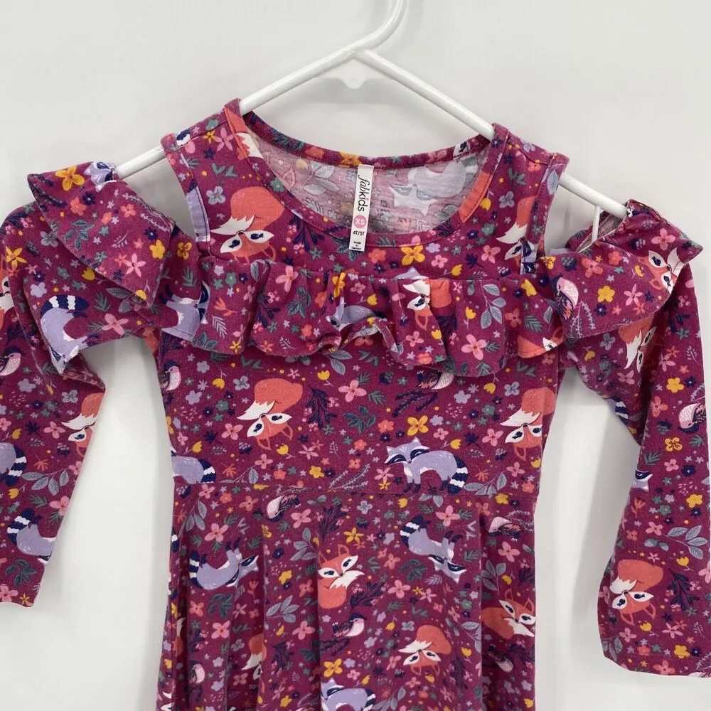 Fabkids Kids Fox Print Round Neck Long Sleeve Ruffle Trim Cold Shoulder Dress XS